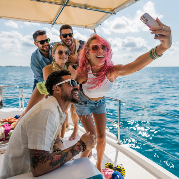Happy guests enjoying champagne on a yacht deck, ideal user-generated content for social media for yacht charter marketing.