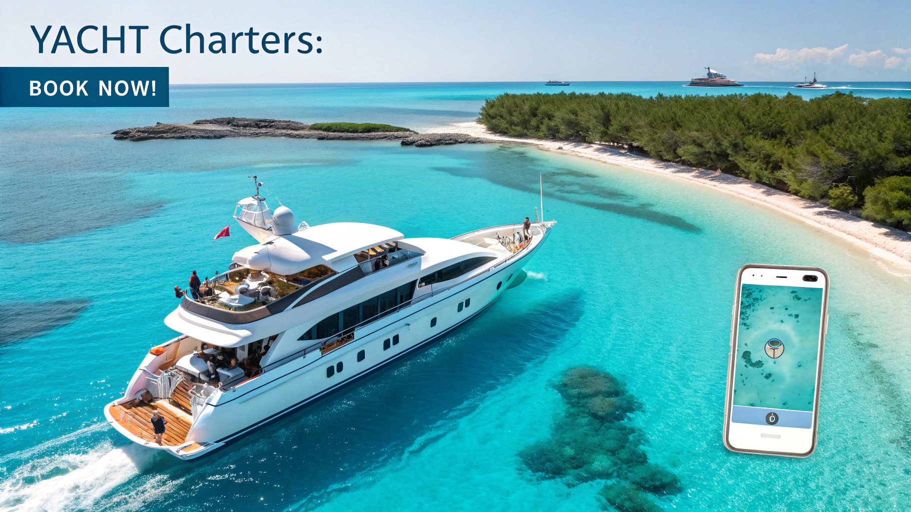 Yacht on open sea with monile that shows Yacht Charter PPC