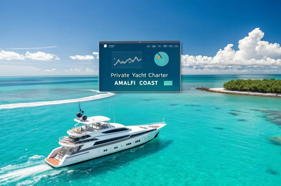 A luxury yacht cruising in turquoise waters with digital ad overlays on screen—charts, graphs, search bars, and keywords like 'private yacht charter Amalfi Coast'—symbolizing PPC advertising for high-end travel bookings