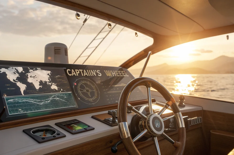Ultra-luxury yacht helm at golden hour, captain's wheel in foreground, futuristic transparent holographic interface with charts, analytics, and world map floating above