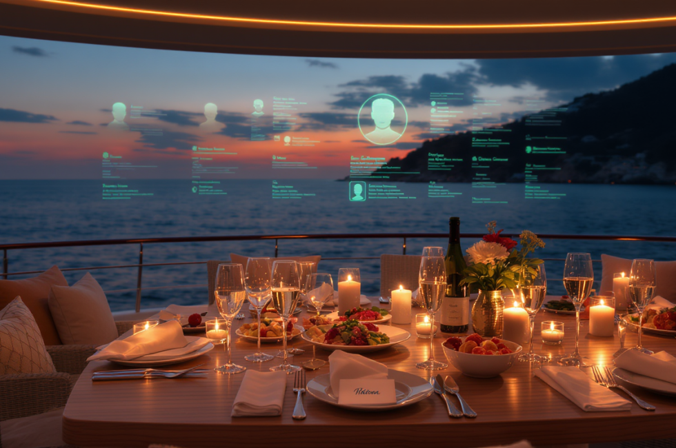 Elegant dining table on a luxury yacht deck at twilight, champagne flutes, candles, personalized name cards, gourmet dishes, soft golden light, subtle glowing holographic guest profile projection in the background
