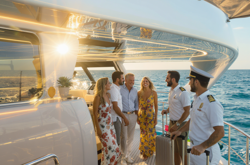 Guests boarding a luxury yacht and greeting the crew, representing how yacht charter fleet utilization strategies enhance client experience and smooth operations.
