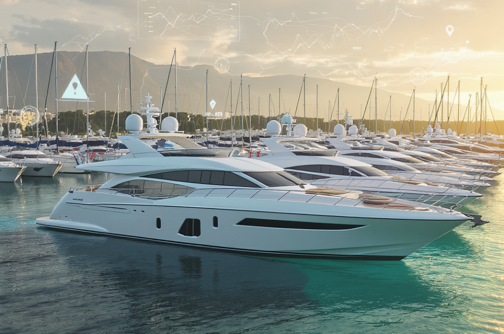 Multiple yachts docked in a marina with digital analytics overlays showing performance data, symbolizing technology-driven yacht charter fleet utilization strategies.”