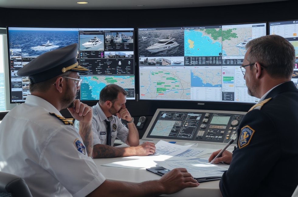 Yacht operations team reviewing fleet data and performance dashboards in a control room, illustrating yacht charter fleet utilization strategies based on real-time insights.